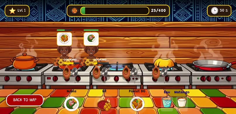 Customers crowding the counter of a West African restaurant, waiting for their orders